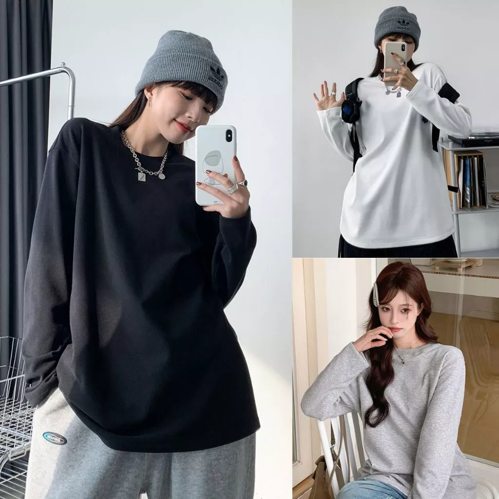 Áo Thun dài tay Trơn cổ tròn Nữ MIAA form rộng dáng suông chất cotton màu đen trắng bigsize unisex