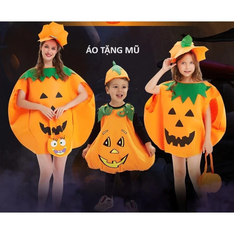 ( Loại Đẹp Dày Dặn) Áo bí ngô Kèm Nón Hóa Trang Halloween Cho trẻ em và người lớn