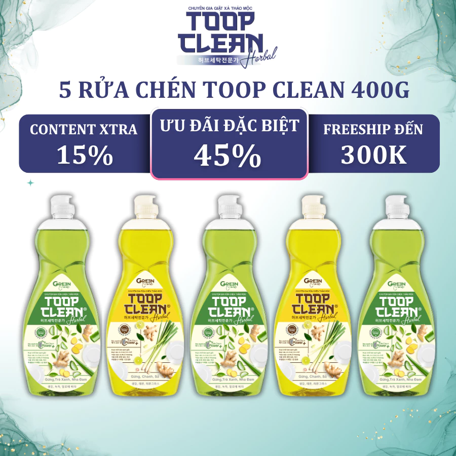 Combo 5 Chai Nước Rửa Chén Thảo Mộc TOOP CLEAN 400G - 2 Mùi Hương, Công Nghệ Safe Clean Power