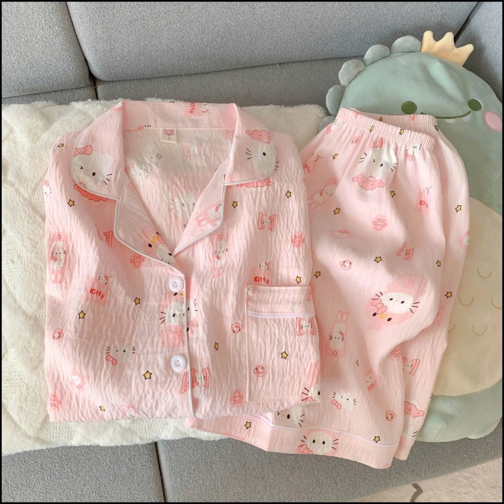Sét Bộ Pijama áo kèm quần, Đồ Bộ Mặc Nhà Nữ Dáng Cộc Hoạt Hình Dễ Thương Mùa Hè
