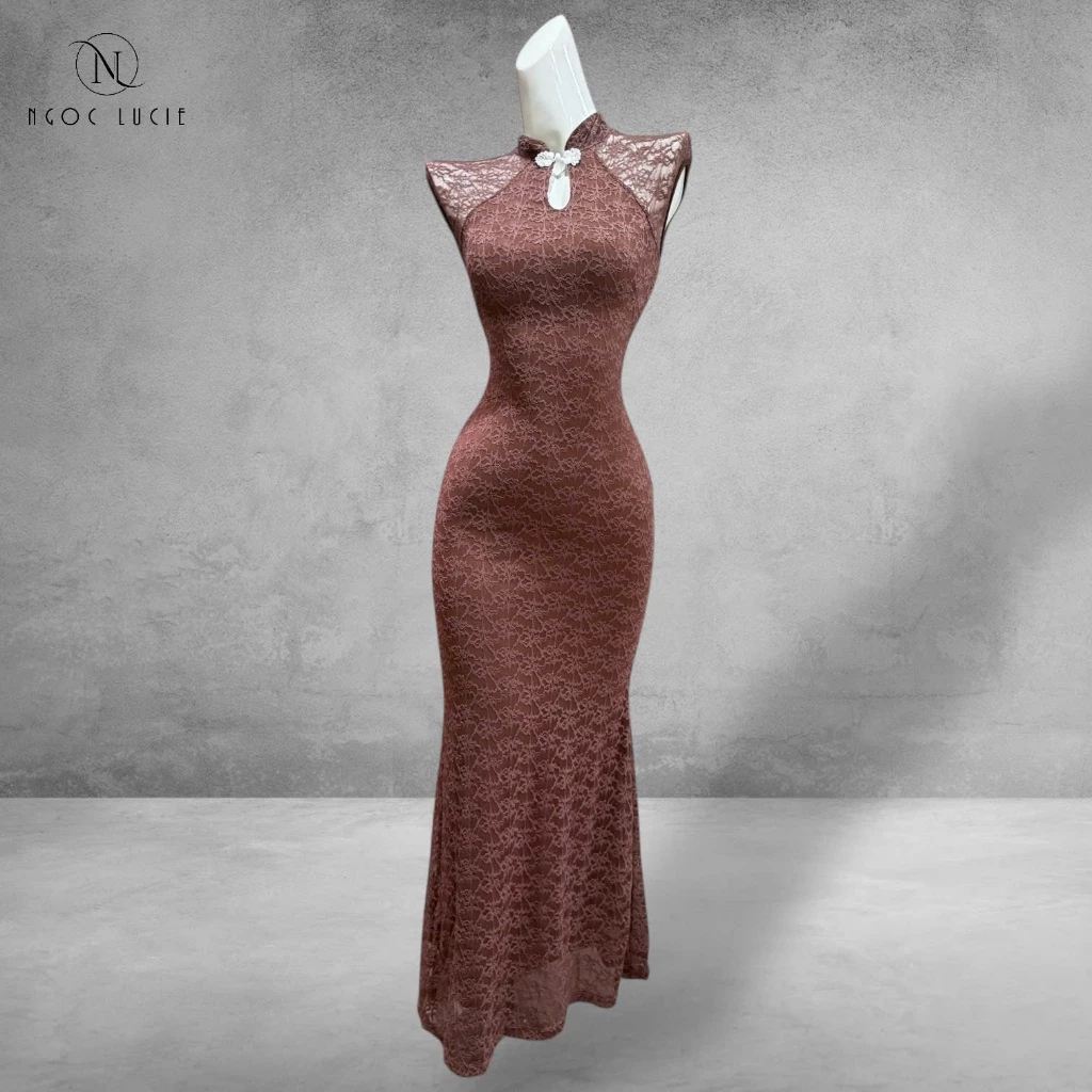 D1065 - Đầm Body Sát Nách Cổ Tàu Vải Ren 2 Lớp Sang Trọng - Ngọc Lucie