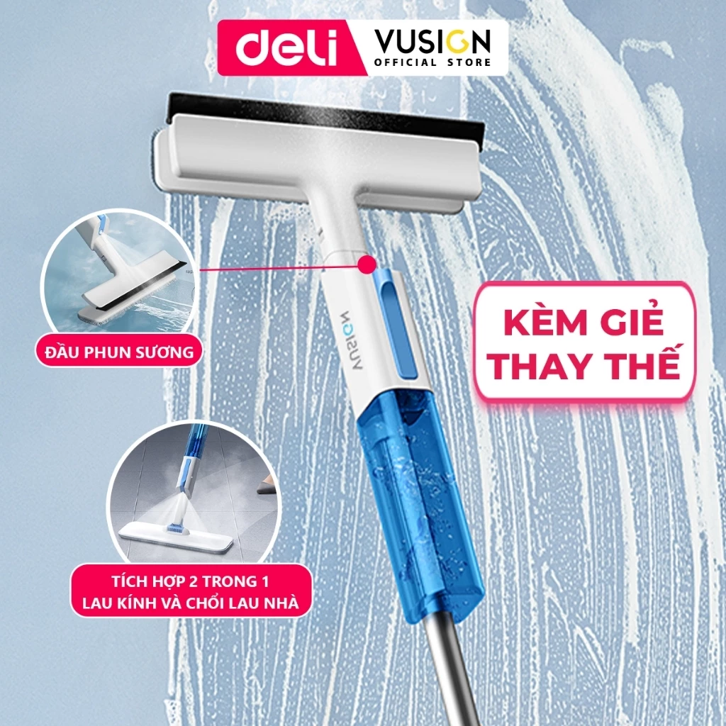 Cây Lau Kính Thông Minh Deli - Phun Sương, Gạt Nước Cán Dài 126Cm, Xịt Nước Tiện Lợi, Đầu Xoay 90 Độ