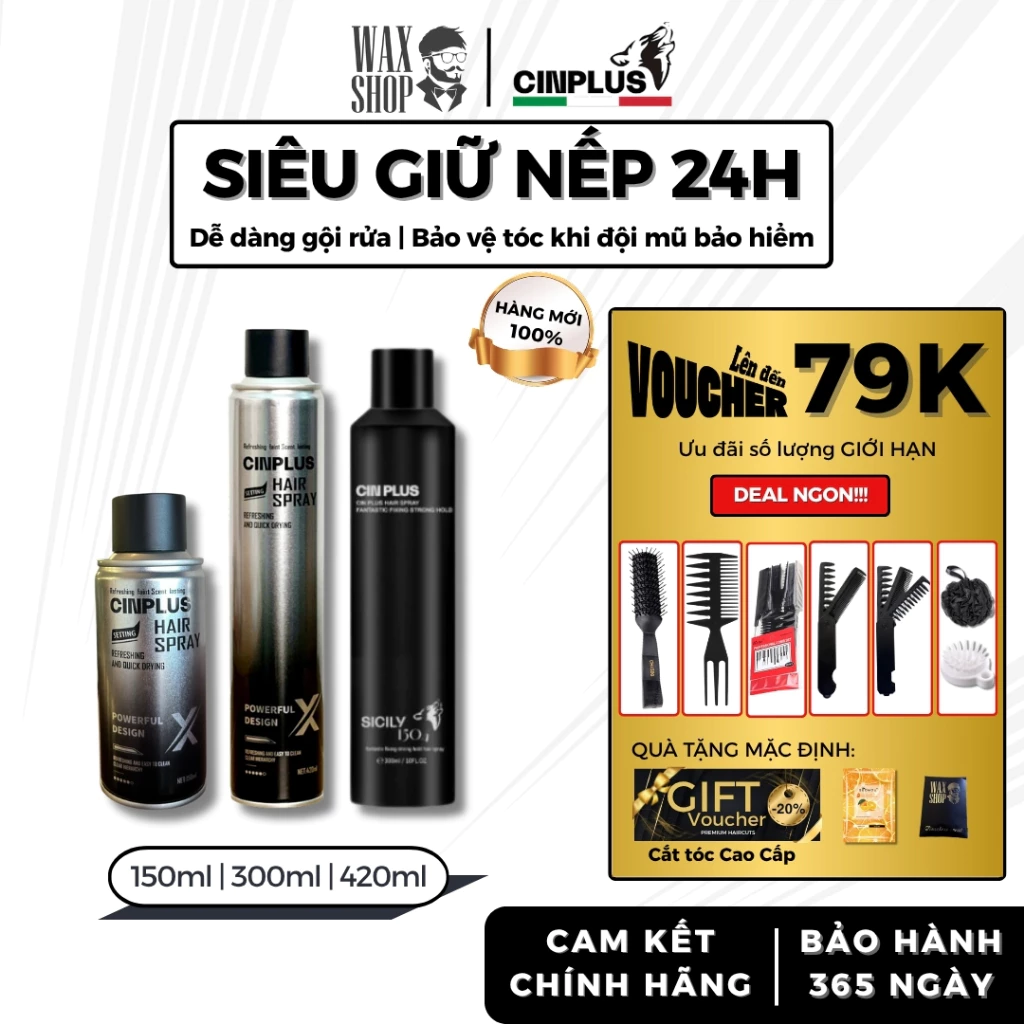 Gôm xịt tóc nam Cin Plus Hair Spray 300ml, Hair Spray X 420ml giữ nếp và tạo texture tốt - Cinplus