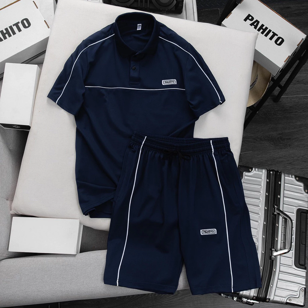 Bộ quần áo nam nữ cổ bẻ mùa hè phối viền thêu chứ PAHITO, chất poly thoáng mát MENSWEAR BH31