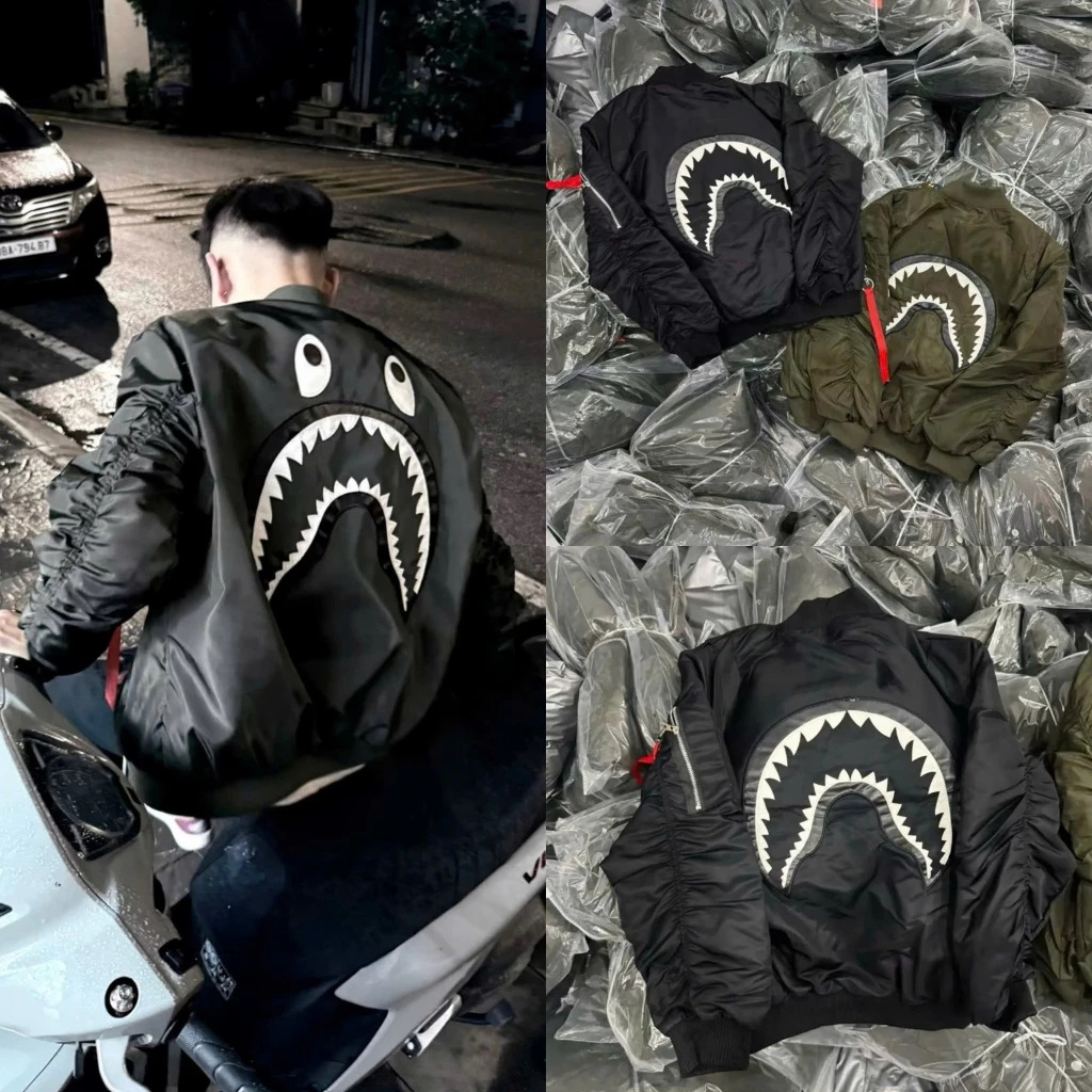 [HOT*] Áo Khoác Gió Bomber Thêu Cá Mập Bape Da Tay Nhún Khóa Trần Bông Trám Cam Dây Đỏ Đang Thịnh Hành
