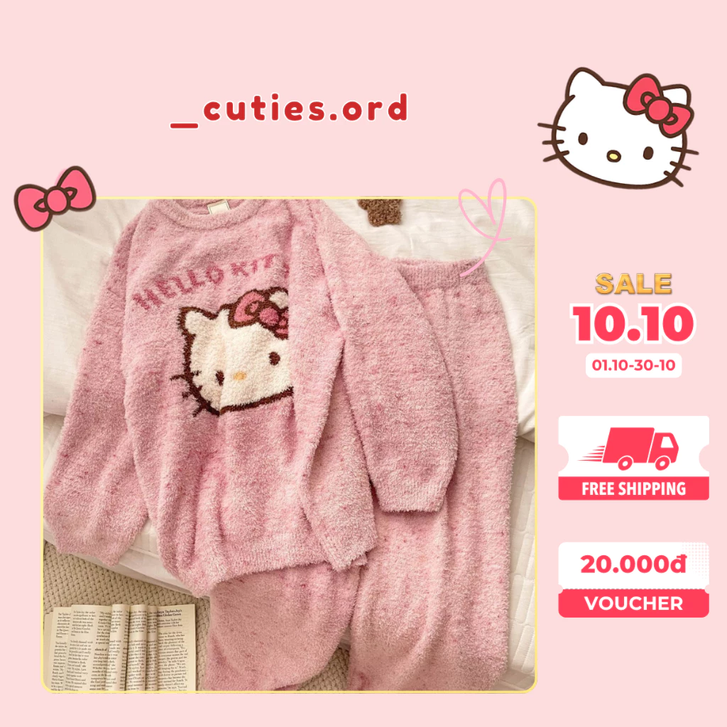 [ORDER]_Ảnh Thật_Set Đồ Ngủ Lông Cừu Hello Kitty Dễ Thương, Dày Dặn Hàng Đẹp, Siêu Ấm Áp