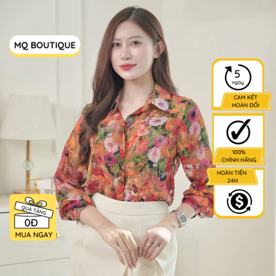 Sơ Mi Tơ Hàn Hoa Cam Hồng Nữ Cao Cấp Công Sở MQ BOUTIQUE  Áo Sơ Mi Họa Tiết Hoa Cam Thiết Kế Mỏng Sang