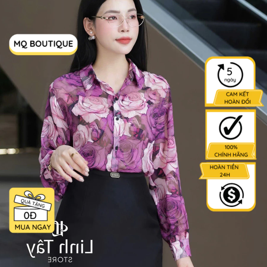 Sơ Mi Tơ Hàn Hoa Tím Nữ Dài Tay Thiết Kế MQ Boutique Cao Cấp Họa Tiết Hoa To Tím Công Sở Sang Trọng
