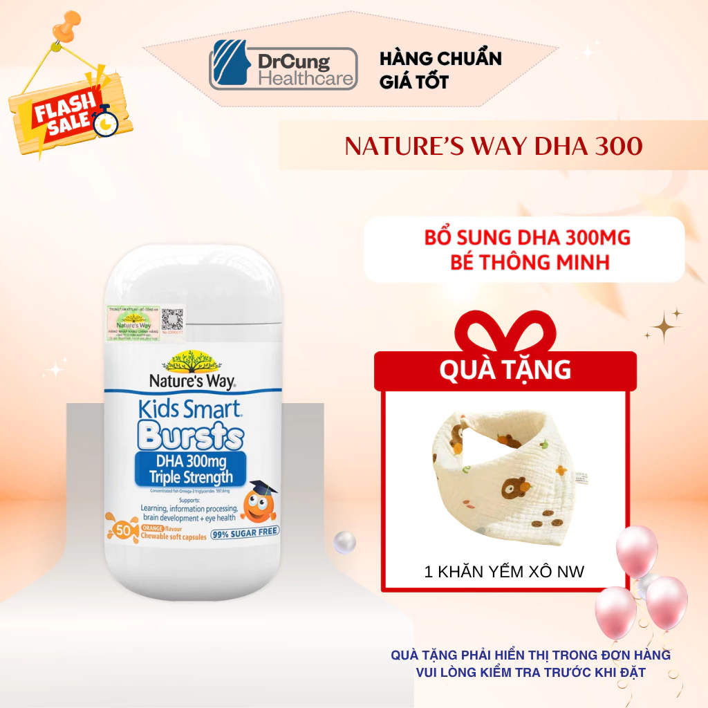 Viên Nhai Nature’s Way Kids Smart DHA 300mg - Bổ Sung DHA, Hỗ Trợ Não Bộ và Mắt (Chai 50 viên)