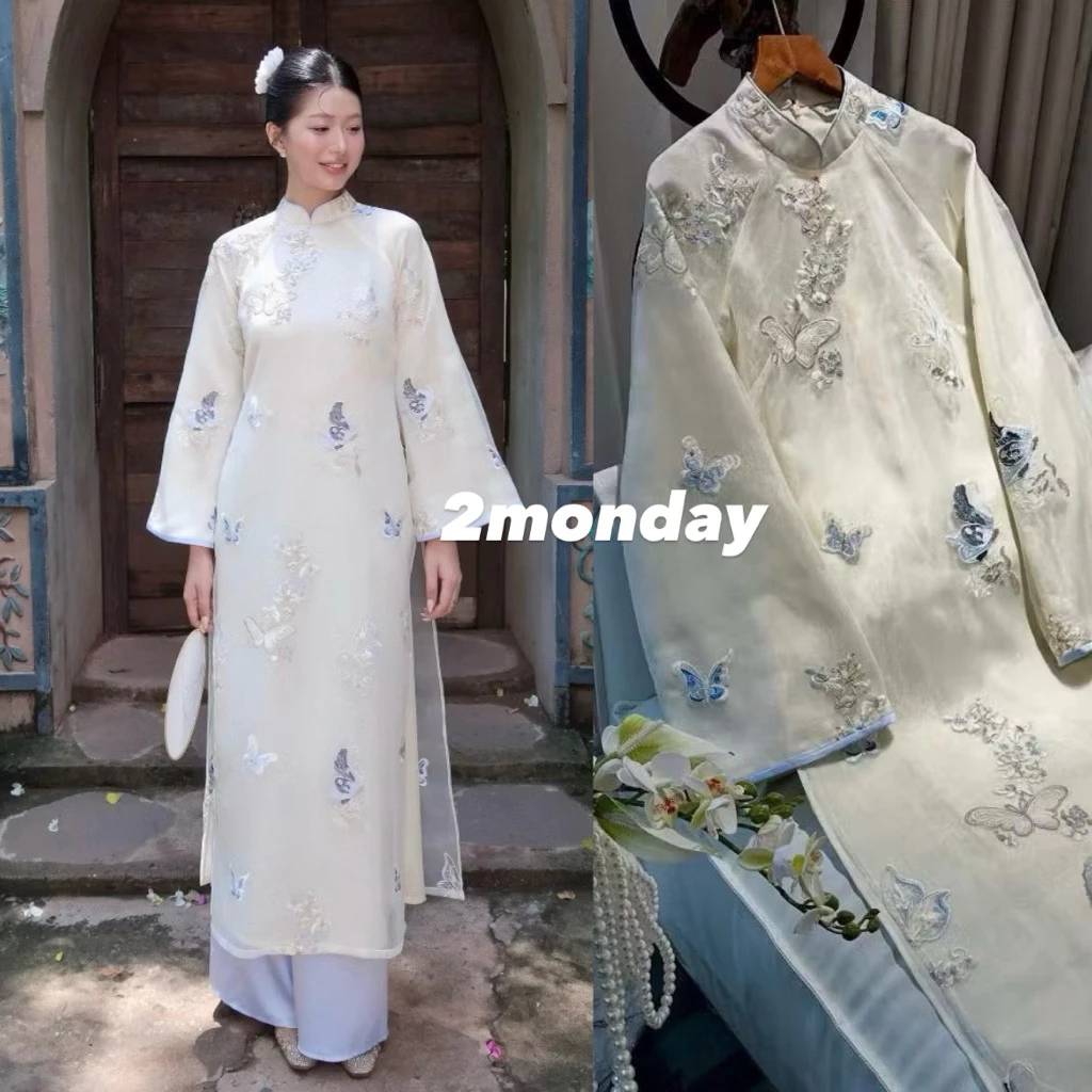 [LOẠI 1/VIDEO] ÁO DÀI CÁCH TÂN DIÊN PHÚC 4 TÀ HOẠ TIẾT XANH HỒ ĐIỆP DÁNG SUÔNG SANG TRỌNG 2MONDAY AD11