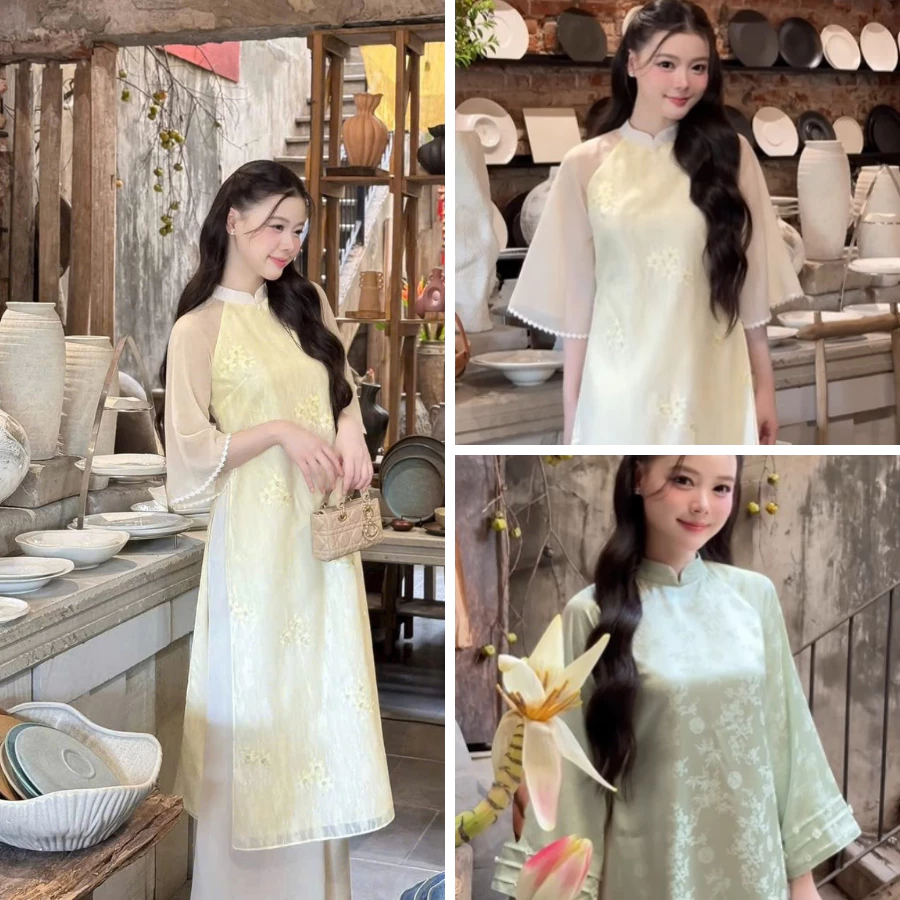 Áo dài cách tân nữ lụa hoa tơ tăm dáng xuông màu xanh 2 tà và trắng 4 tà áo dài truyền thống nữ, áo dài đẹp đi sự kiện