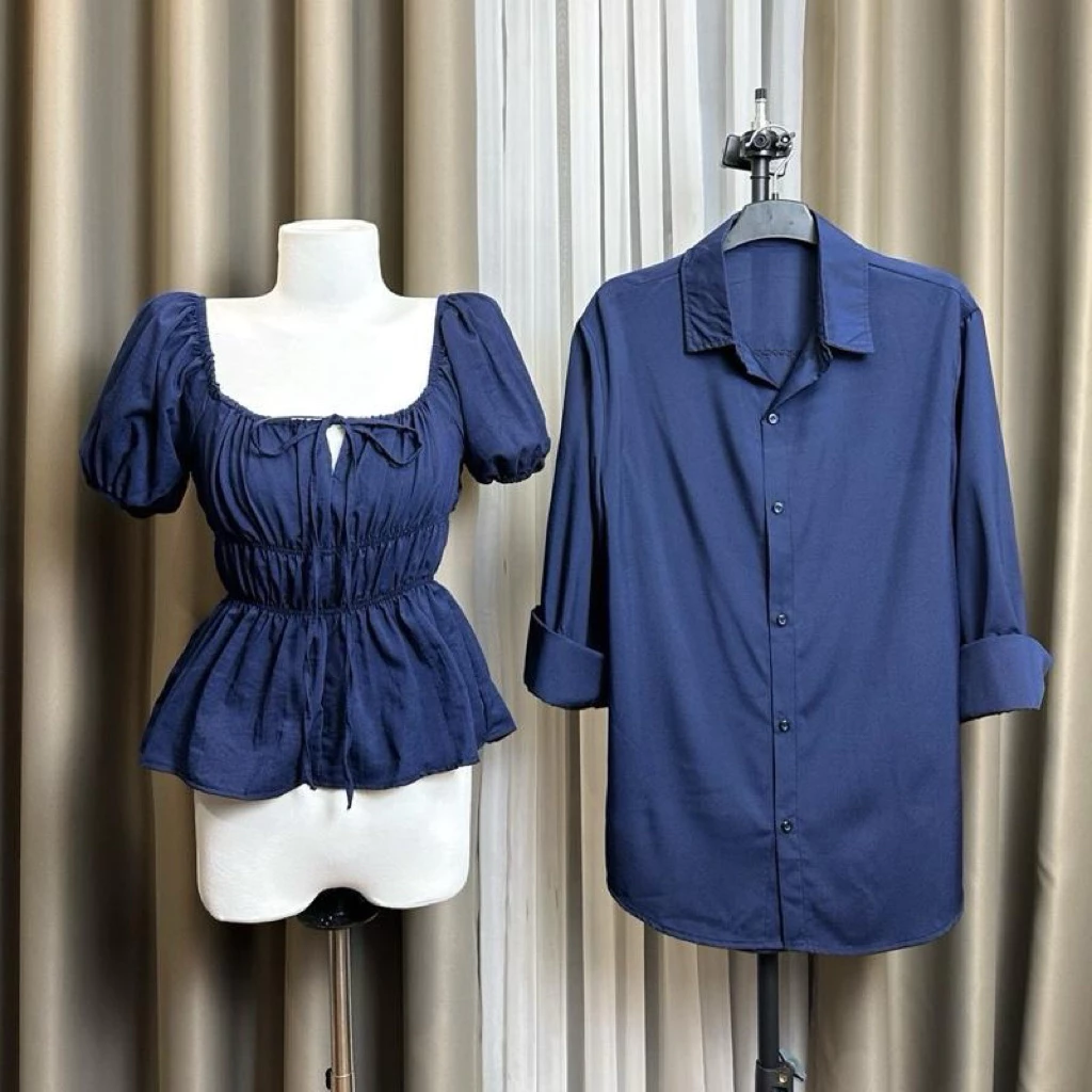 ( S - 36 ) Set đồ đôi nam nữ couple áo nữ babydoll cổ vuông chiết eo tay bồng và áo sơmi nam tay dài, đồ đôi