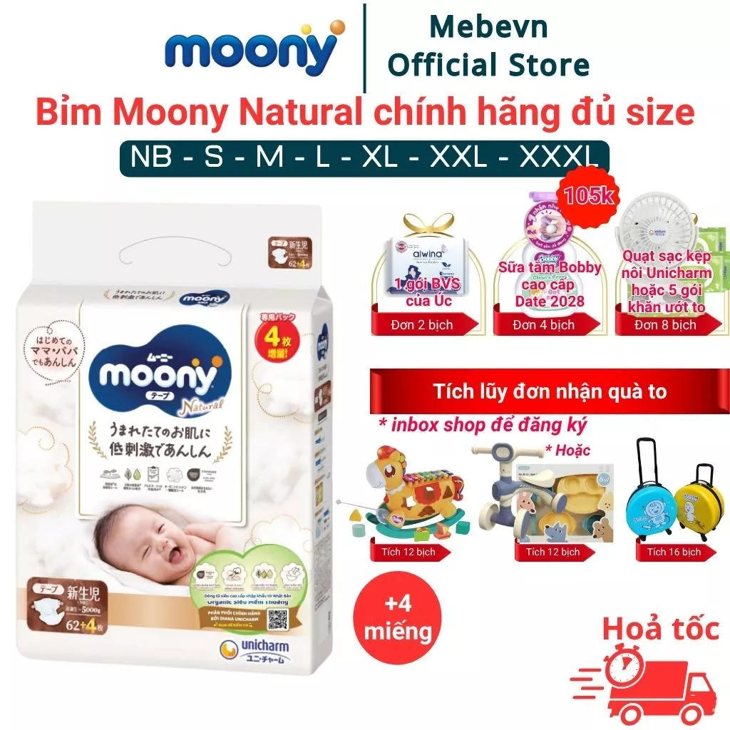 Bỉm moony trắng, bỉm moony natural chính hãng Dán/Quần đủ size NB62/S58/M46/L36/XL32