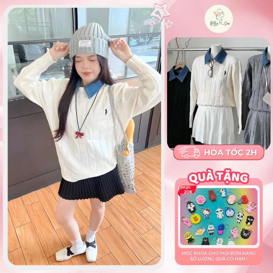 [TẶNG QUÀ] Áo len thêu ngựa phối cổ jean, áo len thừng cổ polo nhiều màu freesize phong cách Hàn Quốc