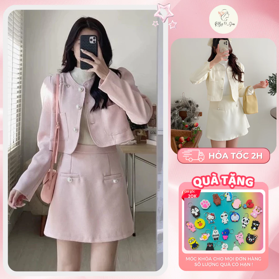[BEST SELLER] Set dạ tweed 2 lớp dáng croptop tiểu thư sang chảnh phối nơ kèm chân váy chữ A dáng ngắn style Hàn