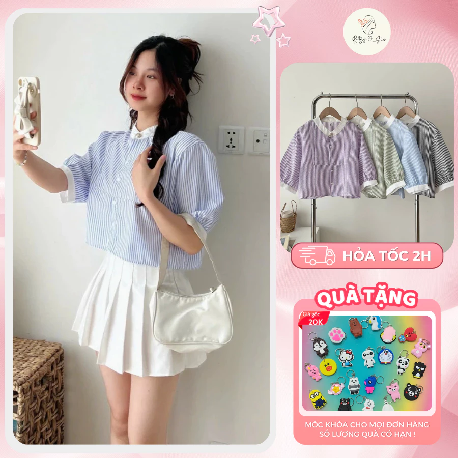 [FREESIZE] Áo Sơ Mi Nữ Kẻ Sọc Ngắn Tay Vải Đũi Xốp Đi Biển Dáng Croptop Cổ Tàu Tiểu Thư Phong Cách Hàn Quốc Sang Chảnh