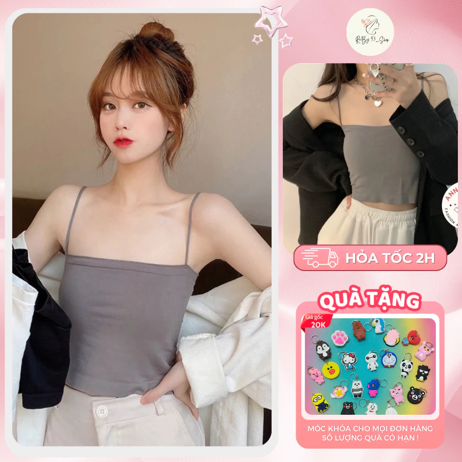 Áo bra 2 dây sợi bún có đệm ngực dáng ngắn croptop ôm body co giãn tốt chất cotton, áo hai dây bra có đệm mút croptop