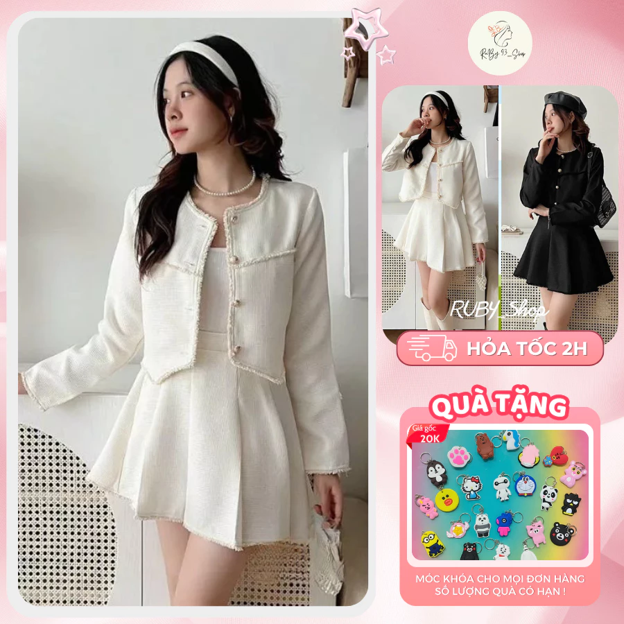 Sét dạ Tweed cổ tàu dài tay dáng Croptop kèm chân váy xòe xếp ly, Sét dạ ren cổ tàu 2 lớp kèm chân váy tennis