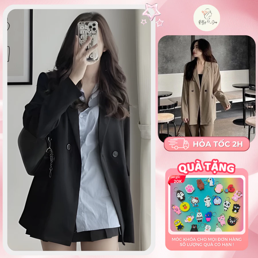 Áo blazer nữ tay dài một lớp, Áo khoác blazer nữ dáng rộng dài tay phong cách Hàn Quốc