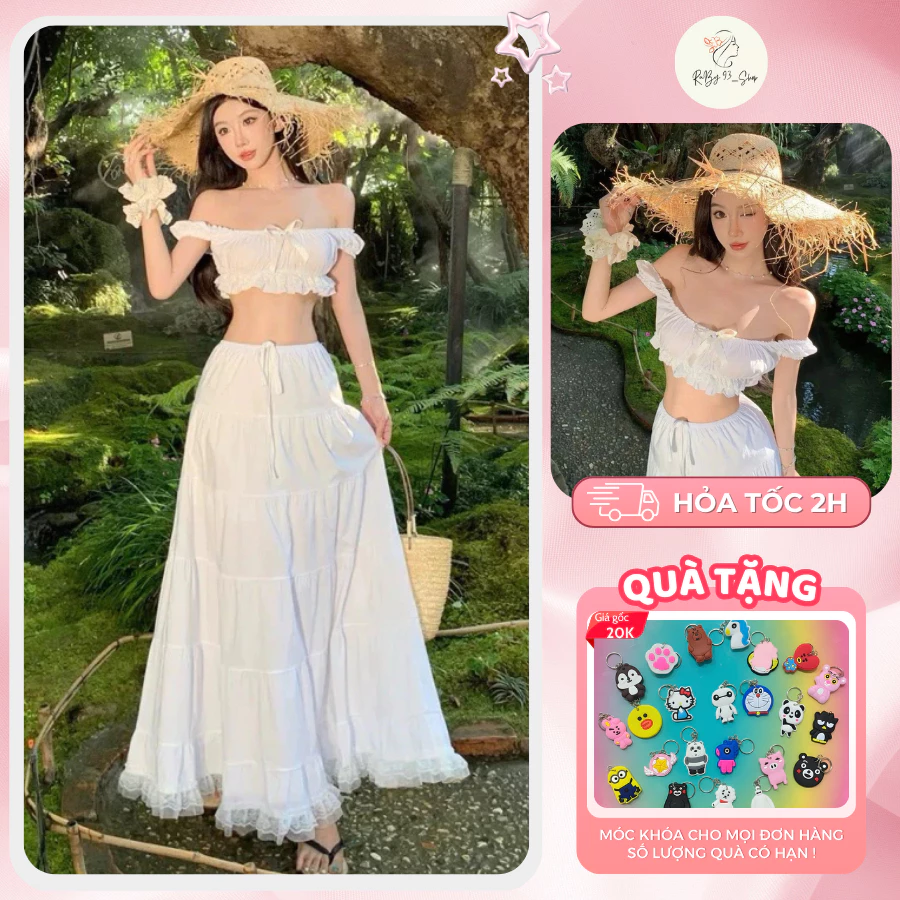 [TẶNG QUÀ] Set Áo Trễ Vai Ren Cúp Ngực Mix Chân Váy Dài Xòe Tầng, Hàng Cao Cấp Loại 1 - RB07