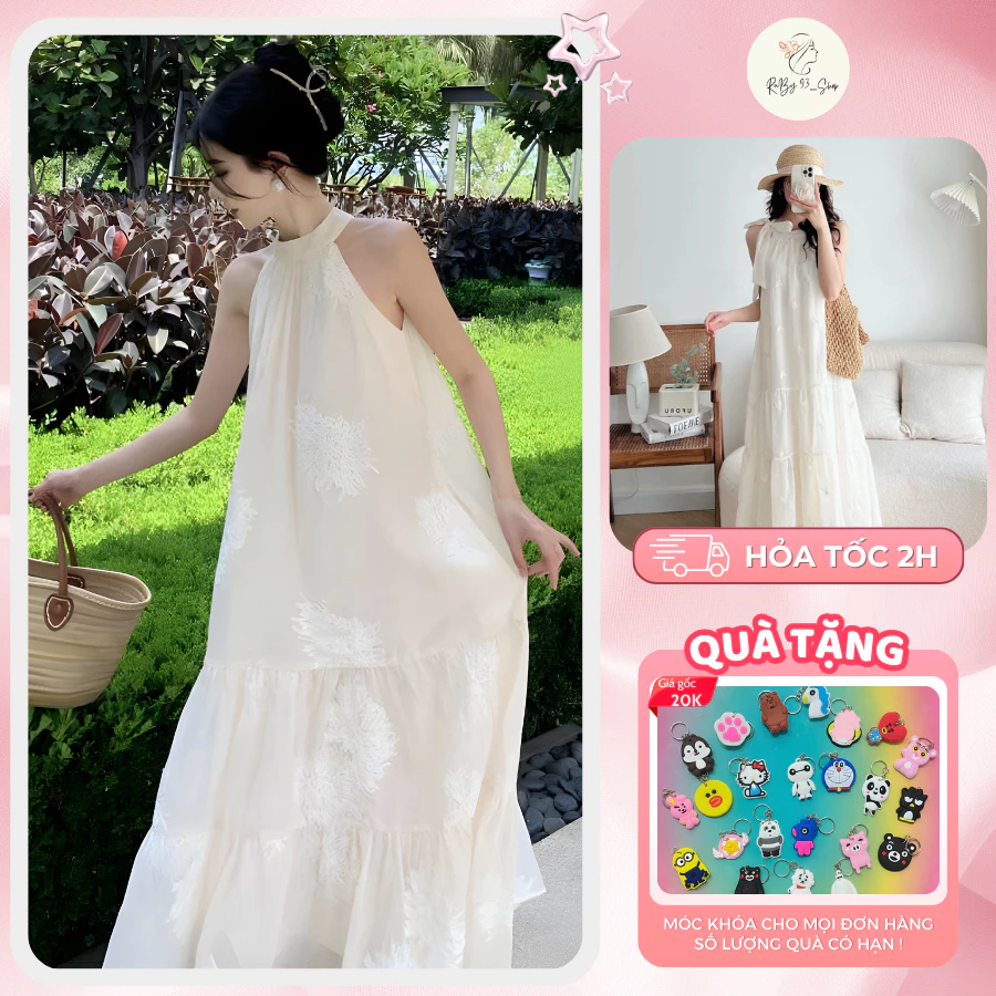 Váy Maxi Cổ Yếm Tiểu Thư Sang Chảnh Vải Voan Thêu Hoa Dáng Dài Đầm Maxi Dáng Dài Đi Biển Đi Chơi Cho nàng Xinh Xắn