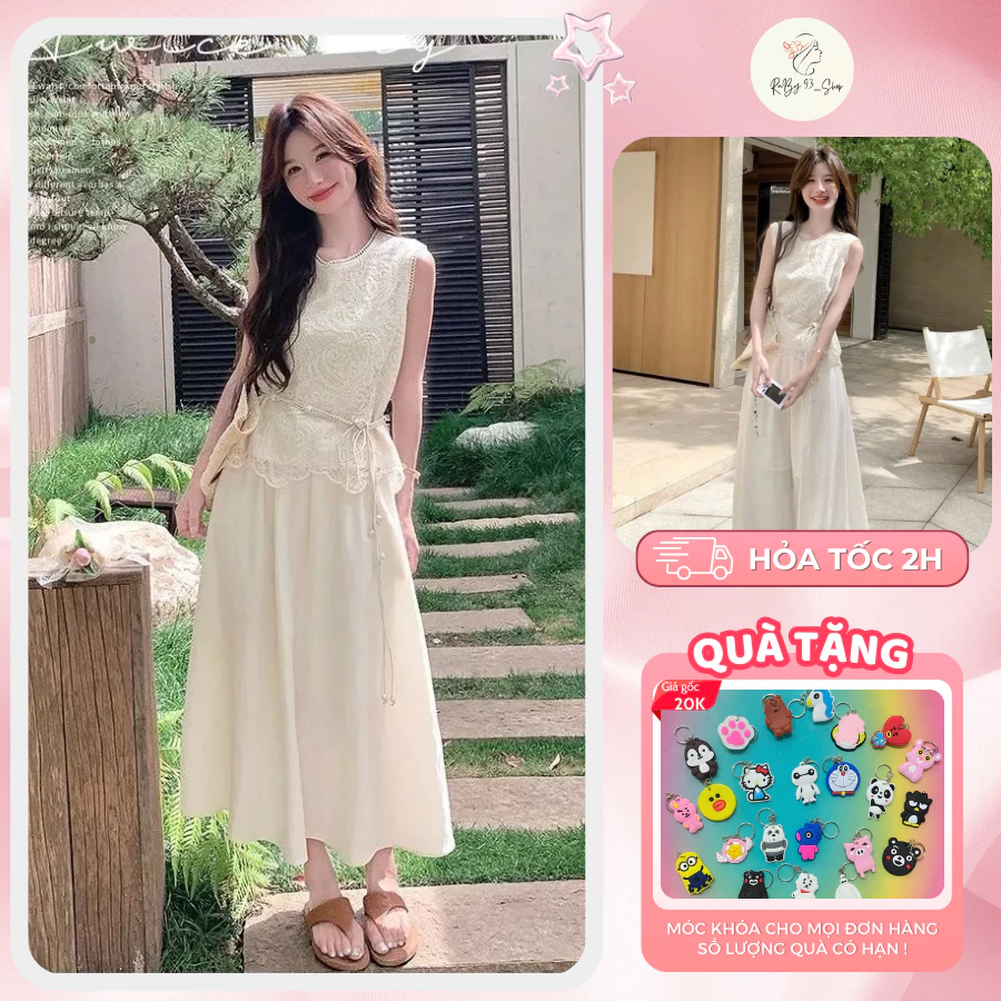 [Tặng kèm Đai] Set váy dài nàng thơ set áo chân váy dài tiểu thư, áo ren kèm váy dáng dài nhẹ nhàng nàng thơ dễ phối đồ