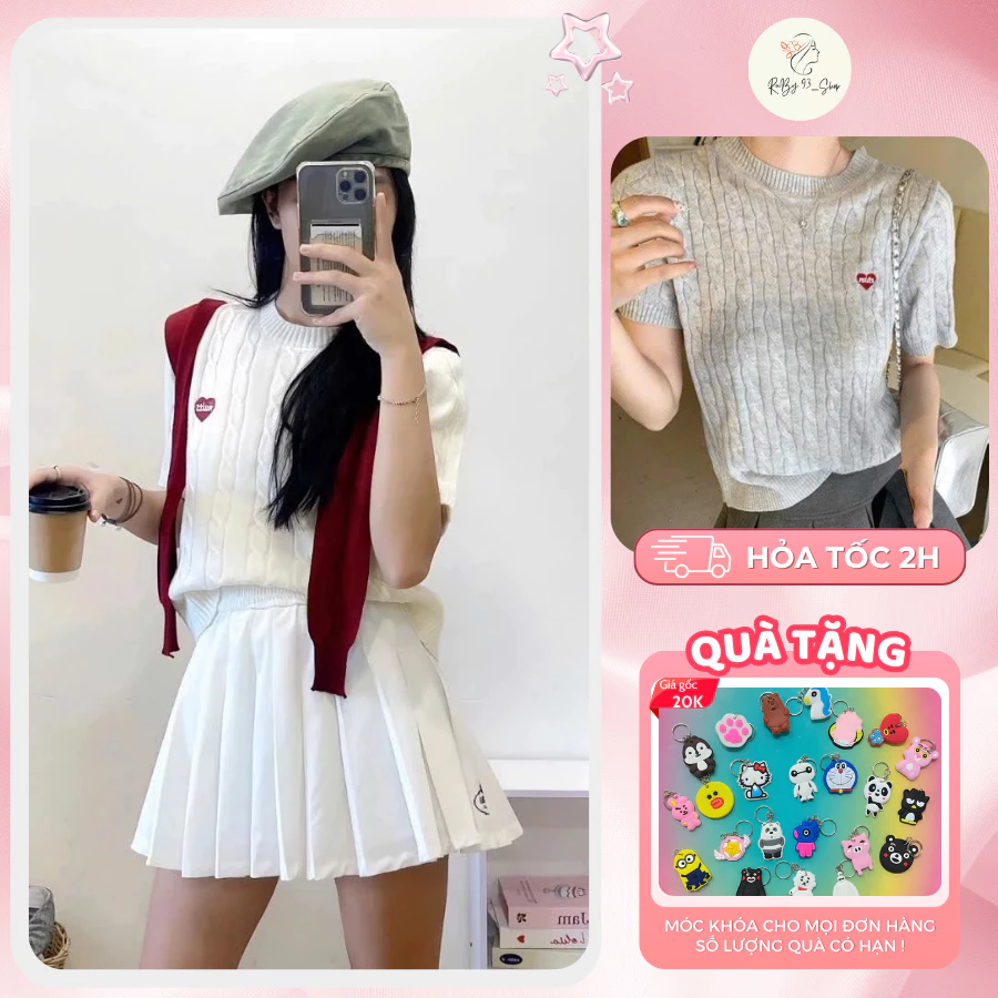Áo Len Mongtoghi Cộc Tay Cổ Tròn Co Dãn 4 Chiều Thêu Tim Mỏng Nhẹ, Áo Thun Cổ Tròn Tay Cộc Phối Tim Thêu Siêu Xinh