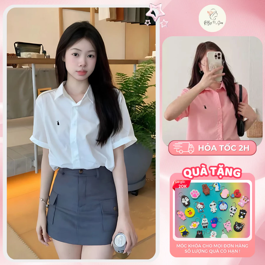 Áo Sơ Mi Kiểu Nữ Ngắn Tay Thêu Thỏ Dáng Suông Tay Gập, Áo Sơ Mi Cổ Đức Ngắn Tay Ulzzang Vintage Phong Cách Hàn Quốc