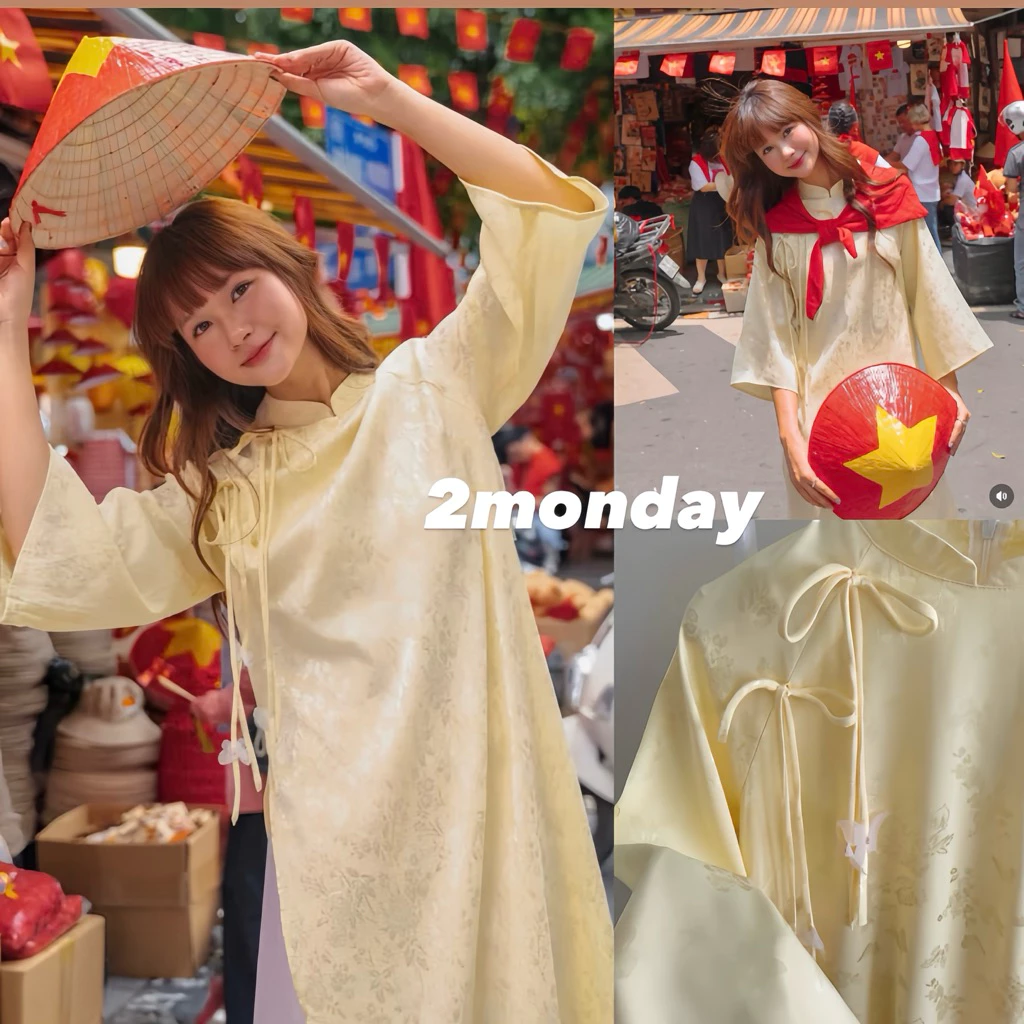 [TẾT 2026/ SẴN] SET ÁO DÀI CÁCH TÂN DÁNG SUÔNG NỮ HOẠ TIẾT GẤM HOA VÀNG GÀ CON ĐÍNH THẮT NƠ SIÊU XINH 2MONDAY AD15
