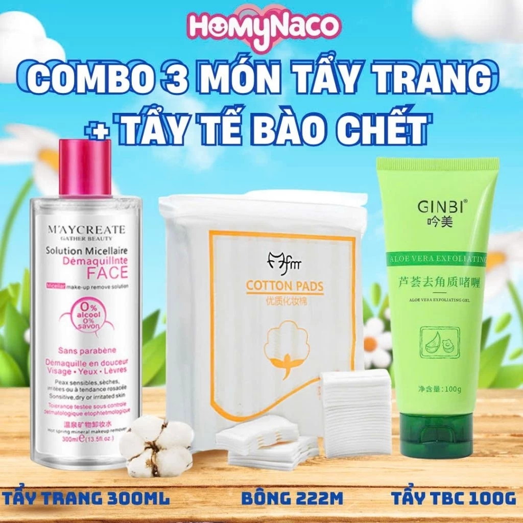 Combo TẨY SẠCH Da: Nước tẩy trang Maycreate 300ml + Gel Tẩy Tế Bào Chết Ginbi 100g  Bông Tẩy Trang siêu mềm dai 222m