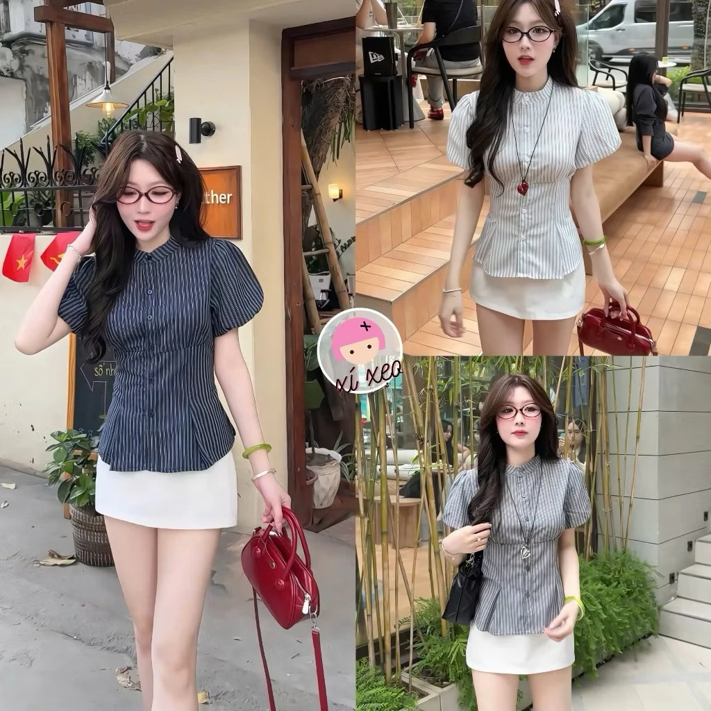 Áo sơ mi cổ tàu KENCO chiết eo kẻ linen xinh tay phồng - MA9067