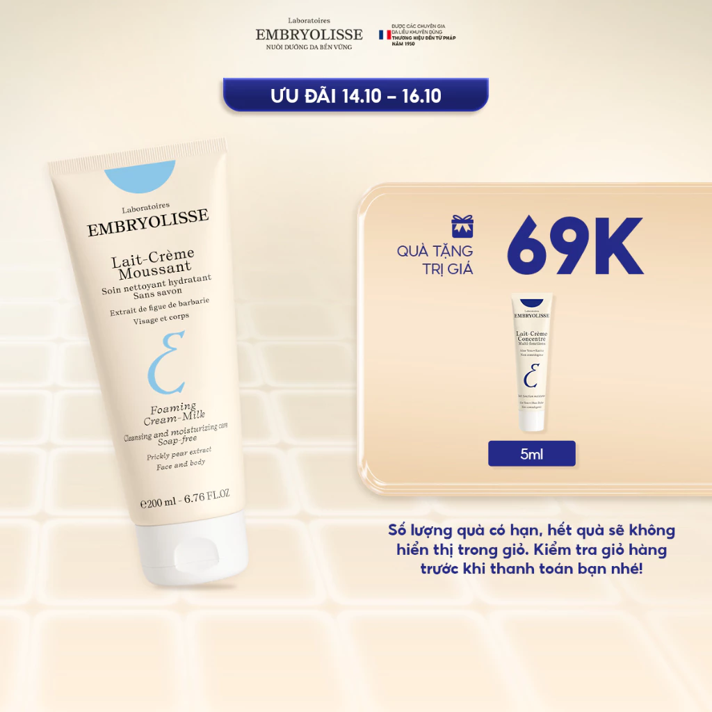 DATE: 7/2026 Sữa rửa mặt sạch sâu, cấp ẩm dịu nhẹ Lait-Crème Moussant Embryolisse 200ml