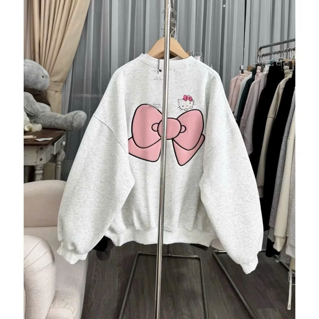 áo khoác hoodie  Sweater Nơ Mèo Kitty In Pet Unisex Nữ Tròng Đầu Vải Nỉ Dày Mịn Tay Dài Rộng Mặc Ấm Top Thu Đông