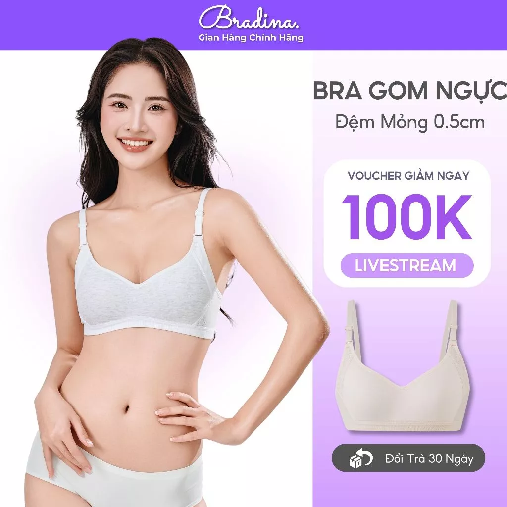 Áo lót nữ không gọng đệm mỏng Bradina Cotton Basic, áo bra nâng ngực nhẹ, thoáng khí tốt ALKG5