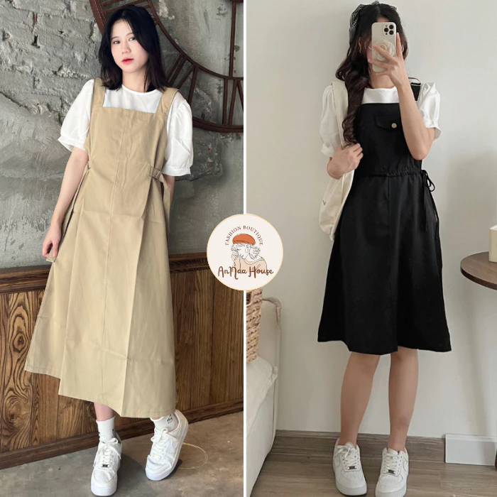 Set váy yếm dáng dài suông rộng kèm áo sơ mi ANNA HOUSE Yếm 2 dây bản to có dây eo kèm áo tay bồng Ulzzang đủ màu