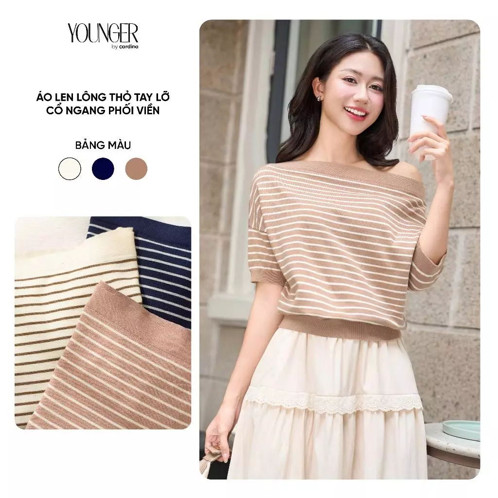 Áo len nữ YOUNGER BY CARDINA chất liệu len lông thỏ tay lỡ cổ ngang phối viền 5YALL02