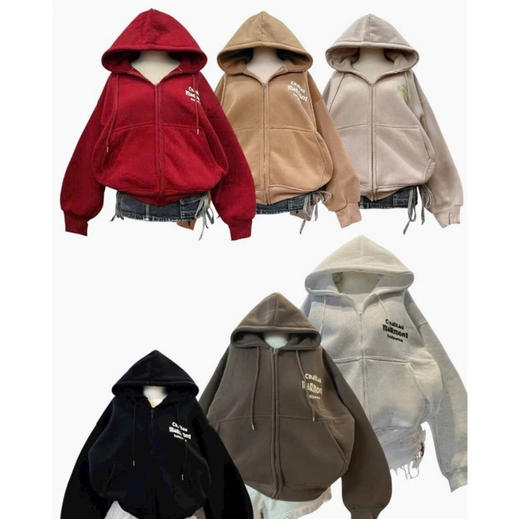 Áo Khoác Hoodie Zip MARMONT Boxy Nữ nỉ bông Túi Trong Nón To 2 Lớp tay Dài Mặc Ấm Top Chống Nắng Thu Đông