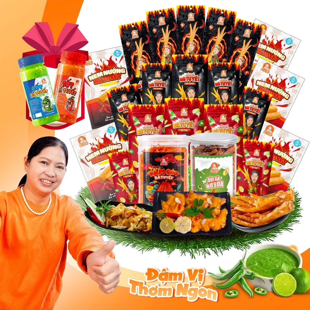 Combo MIX 6 SẢN PHẨM BÀ TUYẾT: 5 chân rút + 5 chân sả + 5 chân có xương + 1 tăm cay + 1 đùi gà tặng hũ sốt + 5 nem nướng