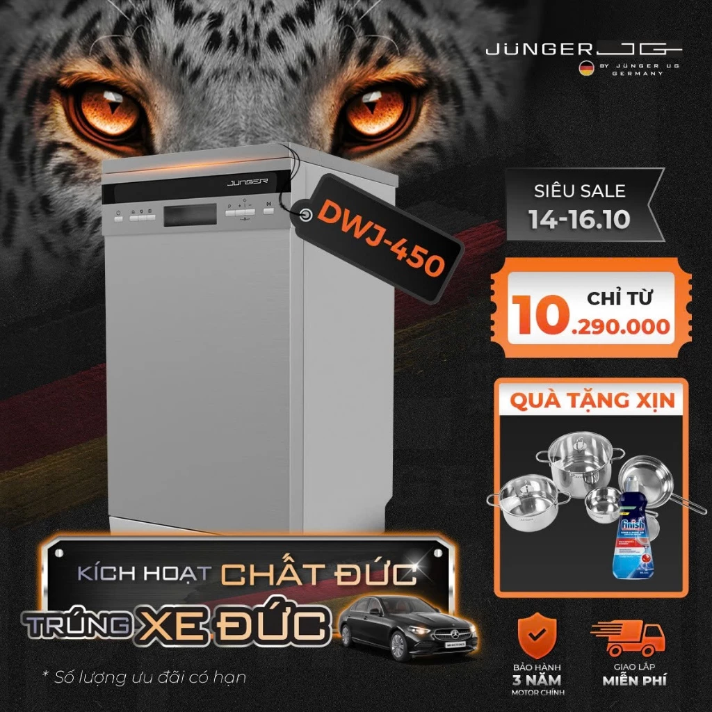 Máy Rửa Chén Junger DWJ-450 Dung tích 10 Bộ Máy Rửa Bát Sạch Khô Tuyệt Đối Bảo Hành 36 Tháng Chính Hãng