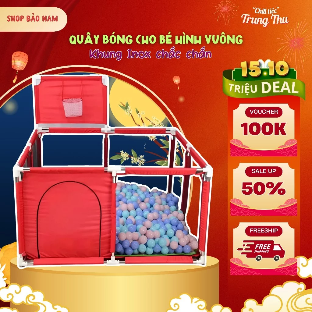 (Kèm 10 bóng ) Quây Bóng Cho Bé Kho Đồ Chơi Bảo Nam - Nhà Bóng Cho Bé Hình Vuông Khung Inox Chắc Chắn