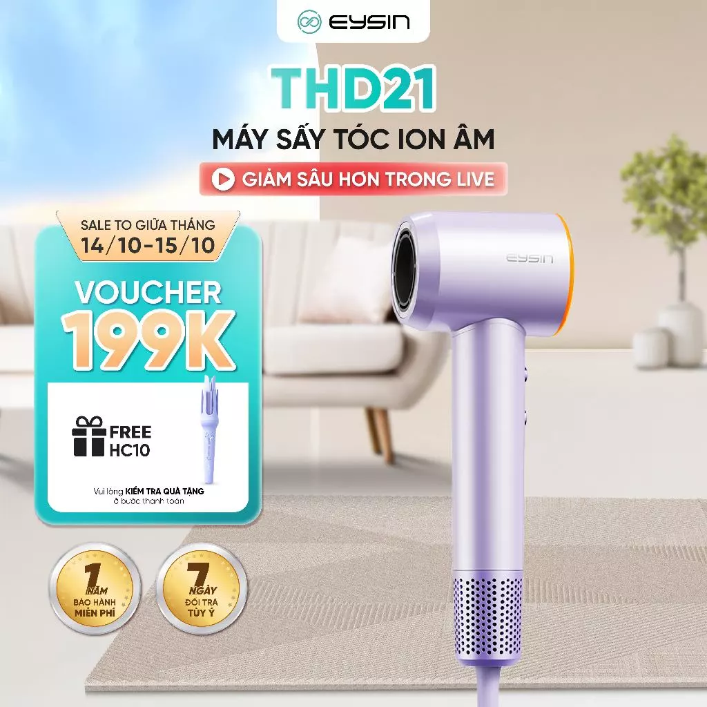 Máy sấy tóc EYSIN THD21 Tốc Độ Cao Công Suất 1600W 200 Triệu Ion Âm Nhỏ Gọn Nhanh Khô Tóc