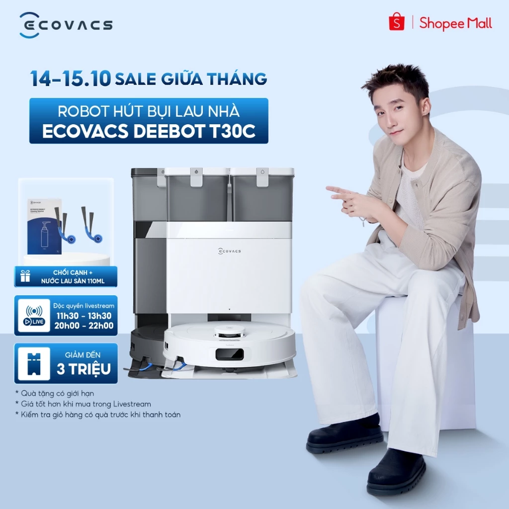 Robot hút bụi lau nhà Ecovacs Deebot T30C 2026 - 20000Pa - ZeroTangle 3.0 - Giặt giẻ nước nóng - BH chính hãng