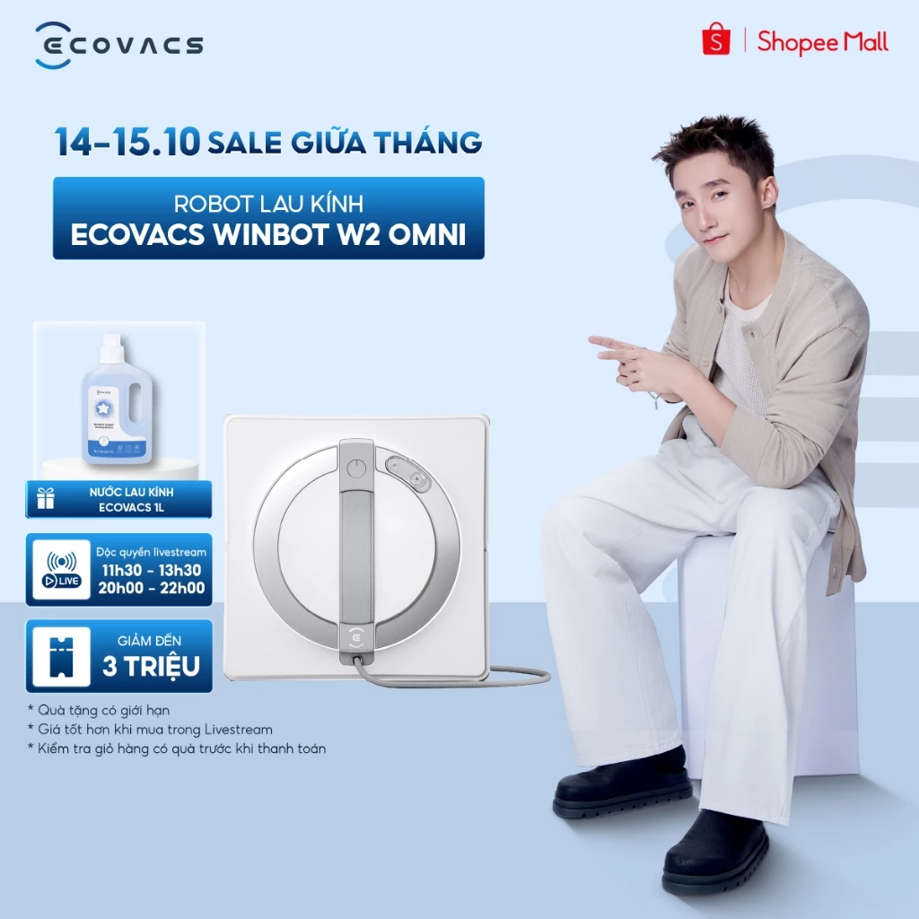 Robot lau kính Ecovacs Winbot W2 Pro Omni - Bảo vệ chống rơi - Công nghệ phun sương góc rộng với 3 vòi phun