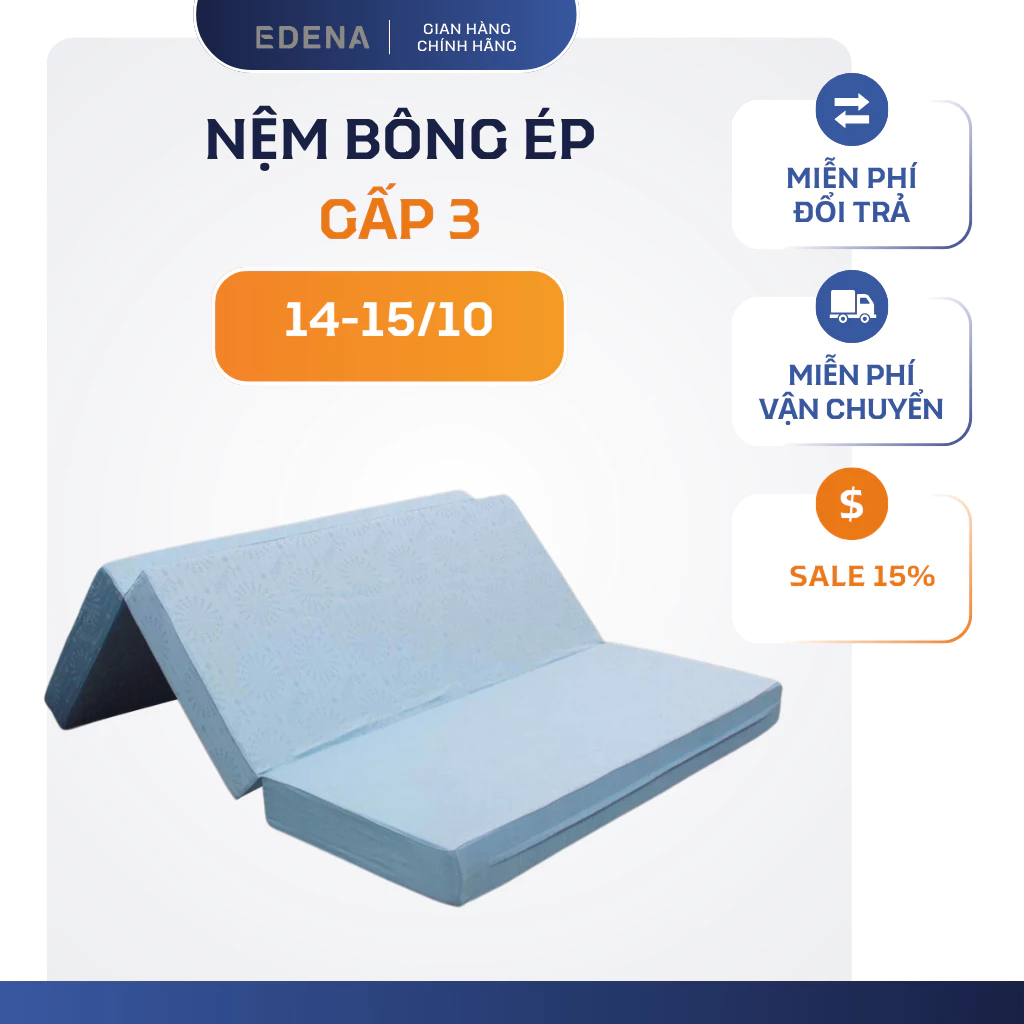 Nệm Bông Ép Gấp 3 Edena, vỏ nệm màu ngẫu nhiên, nệm phẳng giải pháp tối ưu cho cột sống