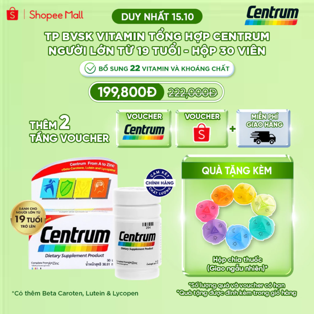 TP BVSK Vitamin tổng hợp CENTRUM NGƯỜI LỚN từ 19 tuổi 30v bổ sung hơn 20 vitamin & khoáng chất