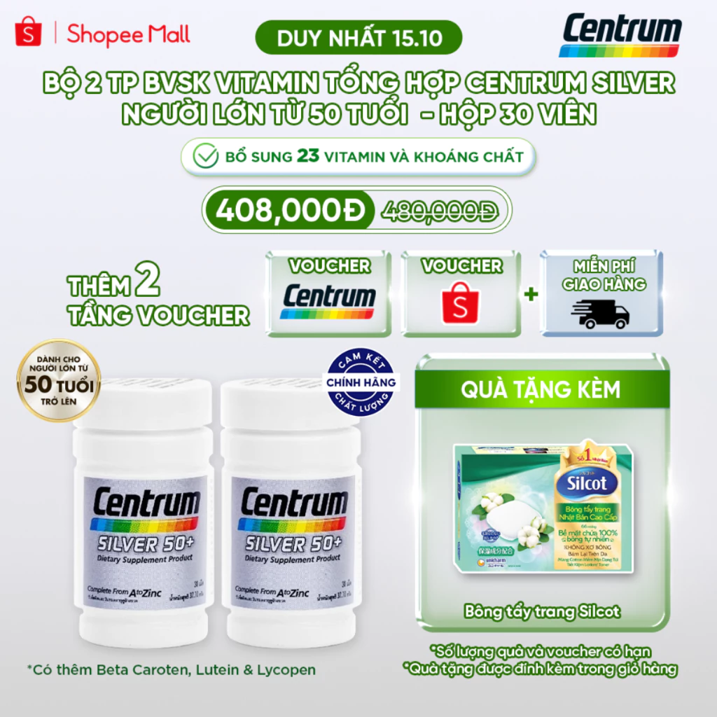 Bộ 2 TP BVSK Vitamin tổng hợp CENTRUM SILVER 50+ từ 50 tuổi 30v bổ sung hơn 20 vitamin& khoáng chất
