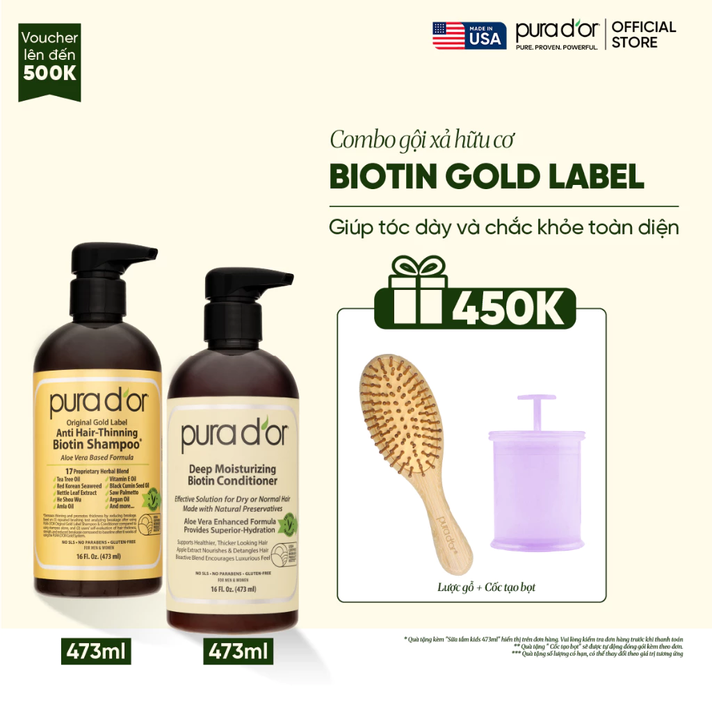 Combo Gội - Xả Biotin Pura D'or Original Gold Label & Deep Moisturizing Chăm Sóc Da Đầu 473ml/236ml
