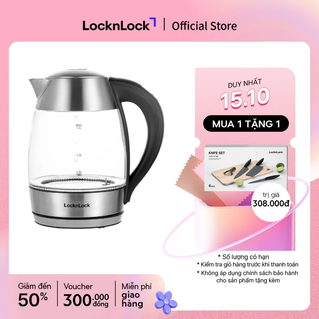 Ấm đun nước dùng điện bằng thủy tinh, thương hiệu Lock&Lock EJK341 1.8L