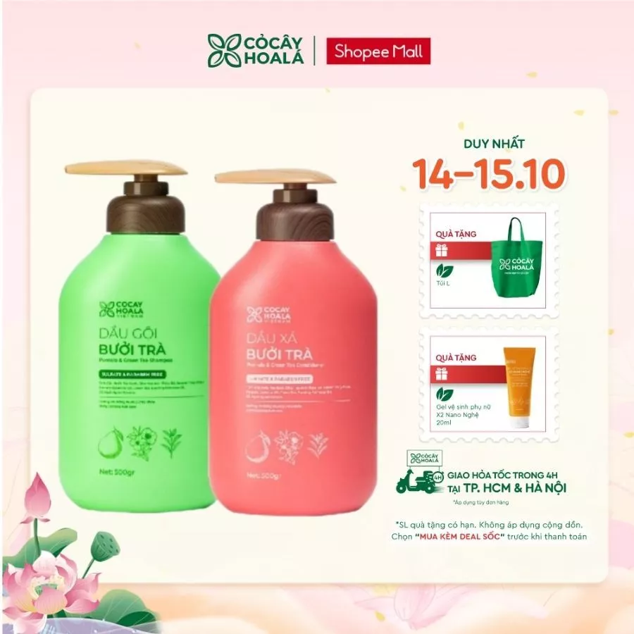 Combo Dầu Gội Xả Thảo Dược Cỏ Cây Hoa Lá Bưởi Trà Phục Hồi Tóc Hư Tổn 500g