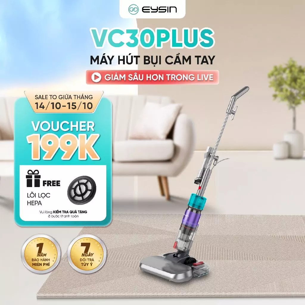 Máy hút bụi có dây EYSIN VC30Plus Công suất 500W 20000Pa lực hút mạnh Lõi lọc HEPA lọc sạch bụi 0.25 micron Đầu lau sàn